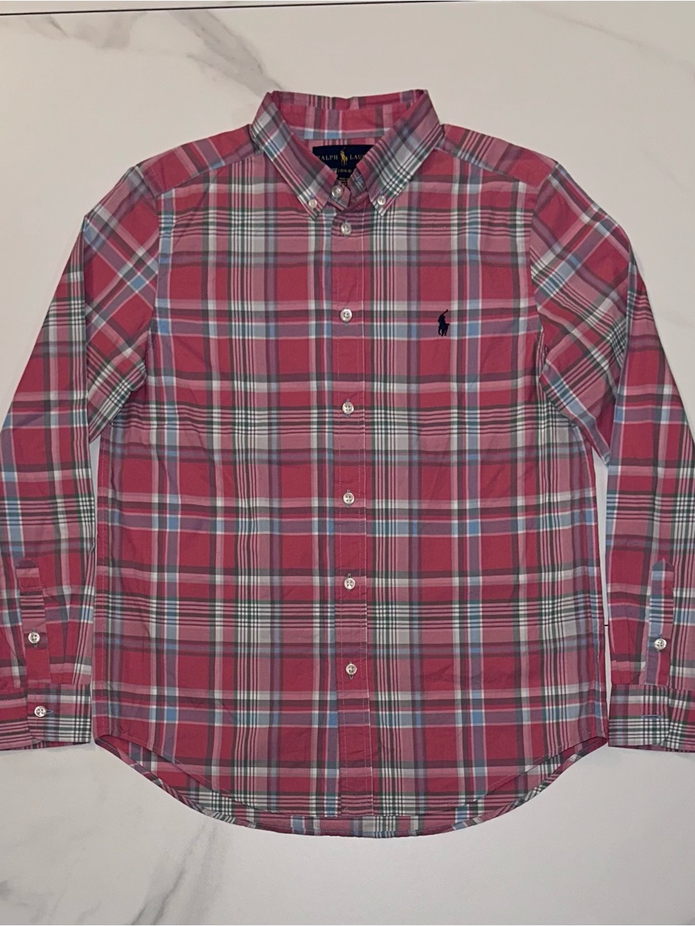 Polo Ralph Lauren Boys Red Pink Plaid Button Down Shirt Boys Size L 14-16
